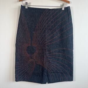 Malagueta Blue Denim Geometric Stitch Pencil Skirt Medium USA Lined Style